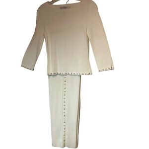 BRAND NEW!! Newport News White Two-Piece Knit Top and Pants Set with Eyelet Trim